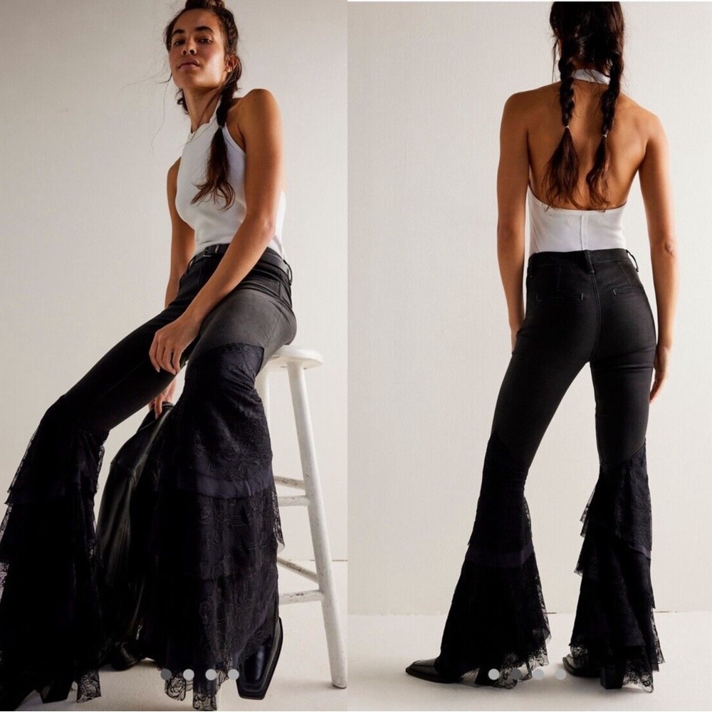 High-Rise Black Lace-Tiered Flare Jeans - Women